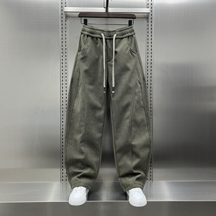 高级感设计拼接加绒直筒小弯刀裤男士2025冬季新款简约纯色休闲裤