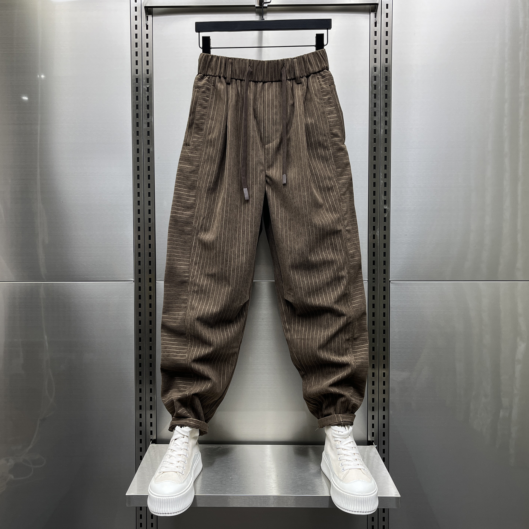 男士秋季复古重磅宽松条纹休闲裤