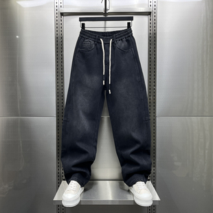 潮流高街痞帅休闲裤 冬季 2024新款 加绒加厚水洗直筒牛仔裤 宽松大码