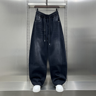 男潮牌宽松直筒阔腿休闲弯刀裤 复古加绒牛仔裤 子 美式 2025秋冬新款