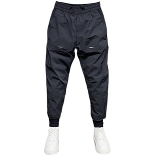 潮牌冰丝刺绣休闲裤男款九分裤夏季束脚薄款运动裤黑色速干小脚潮