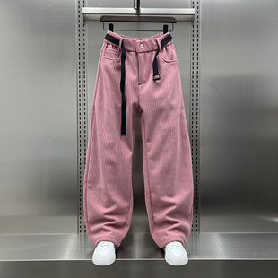 重磅轻奢粉色灯芯绒小弯刀裤男25秋冬新款潮牌高级感腰带设计长裤