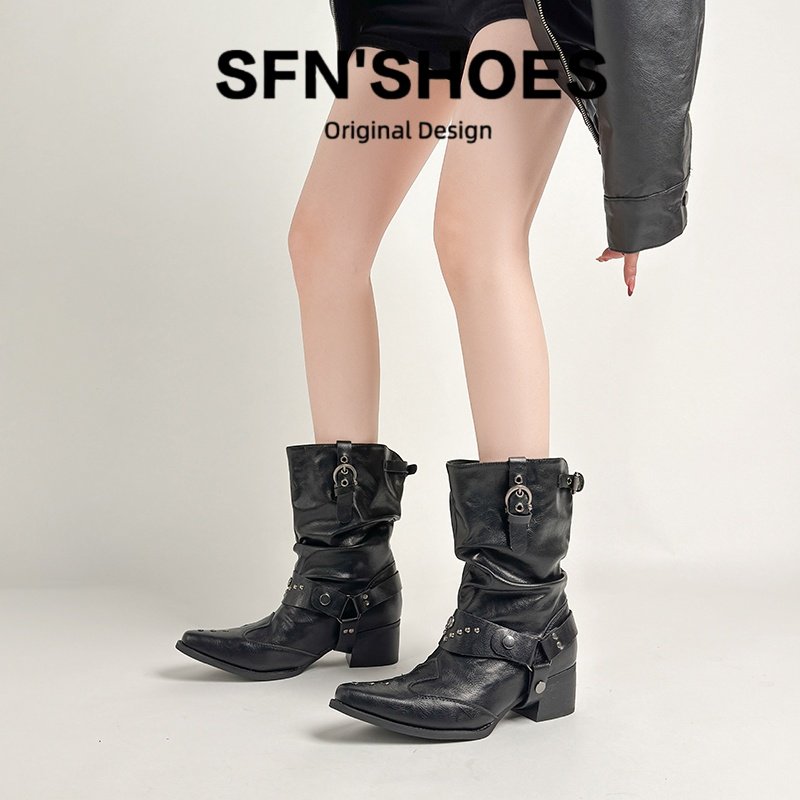 小众设计复古朋克风皮带扣堆堆靴女秋冬粗跟铆钉短靴尖头骑士靴潮,女鞋,时装靴,淘宝优惠券,粉丝福利购,淘宝优惠卷