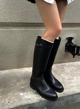 韩版黑色高筒骑士靴女皮带扣粗跟侧拉链气质长靴显瘦不过膝长筒靴