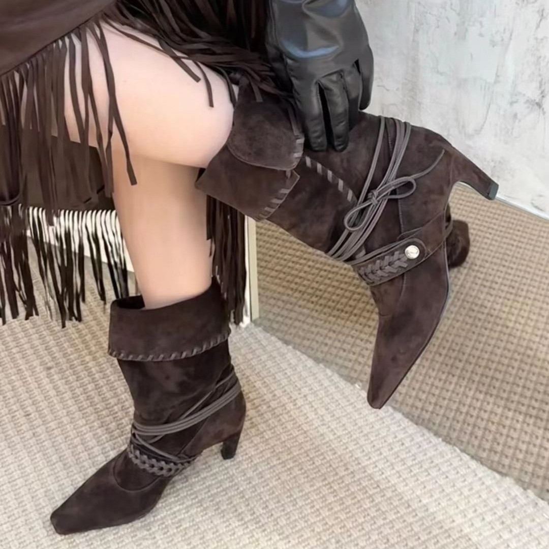 复古编织真皮绑带西部牛仔靴女2025新款尖头短靴褶皱中筒靴骑士靴