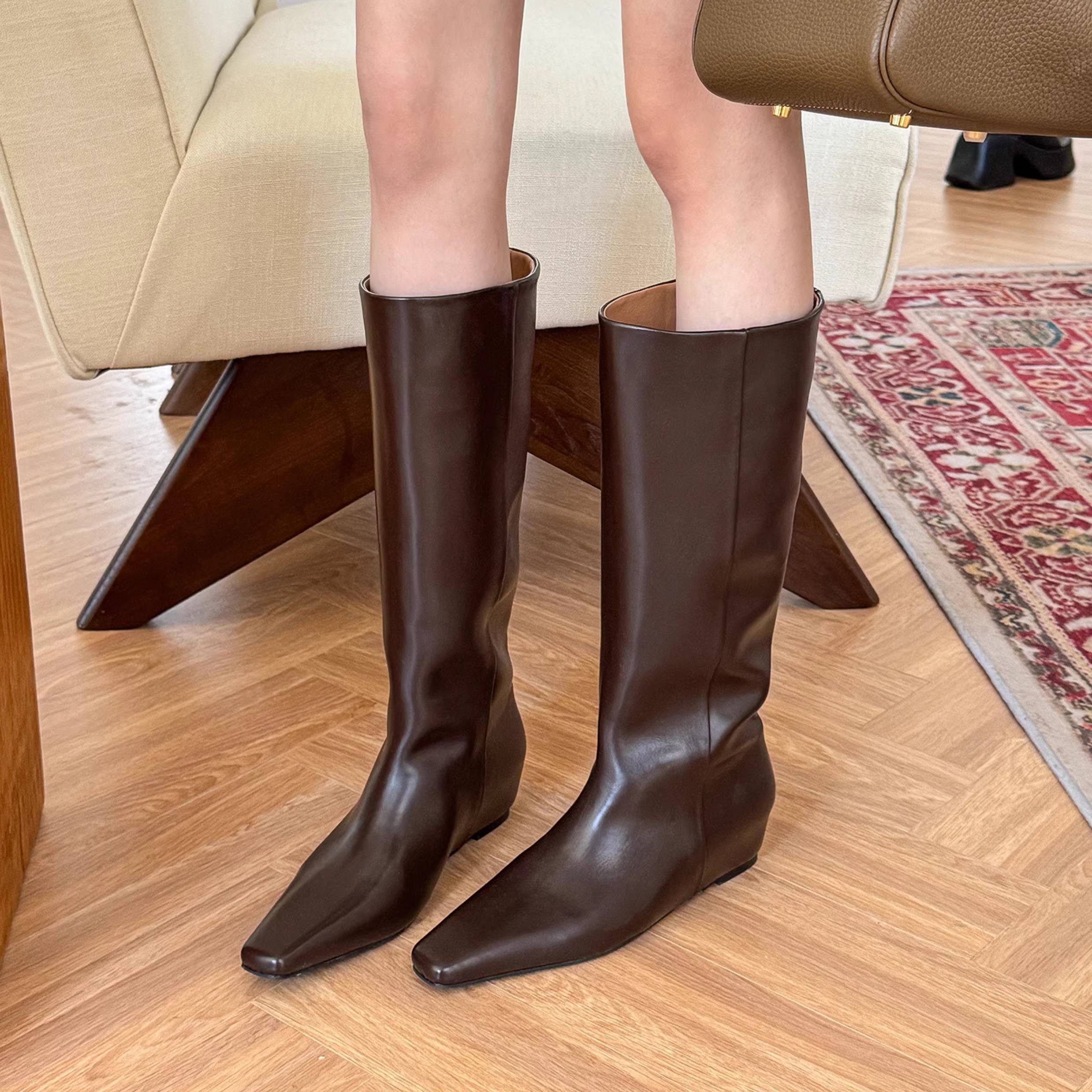 欧美风方头直筒长靴女尖头宽筒靴