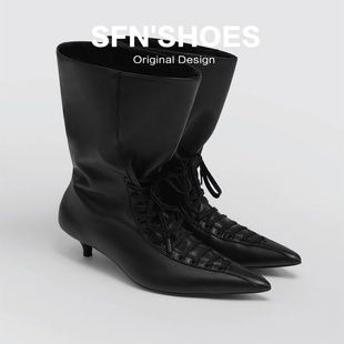 羊皮版~小众尖头绑带女巫靴黑色细跟高跟短靴大筒围中筒瘦瘦靴子