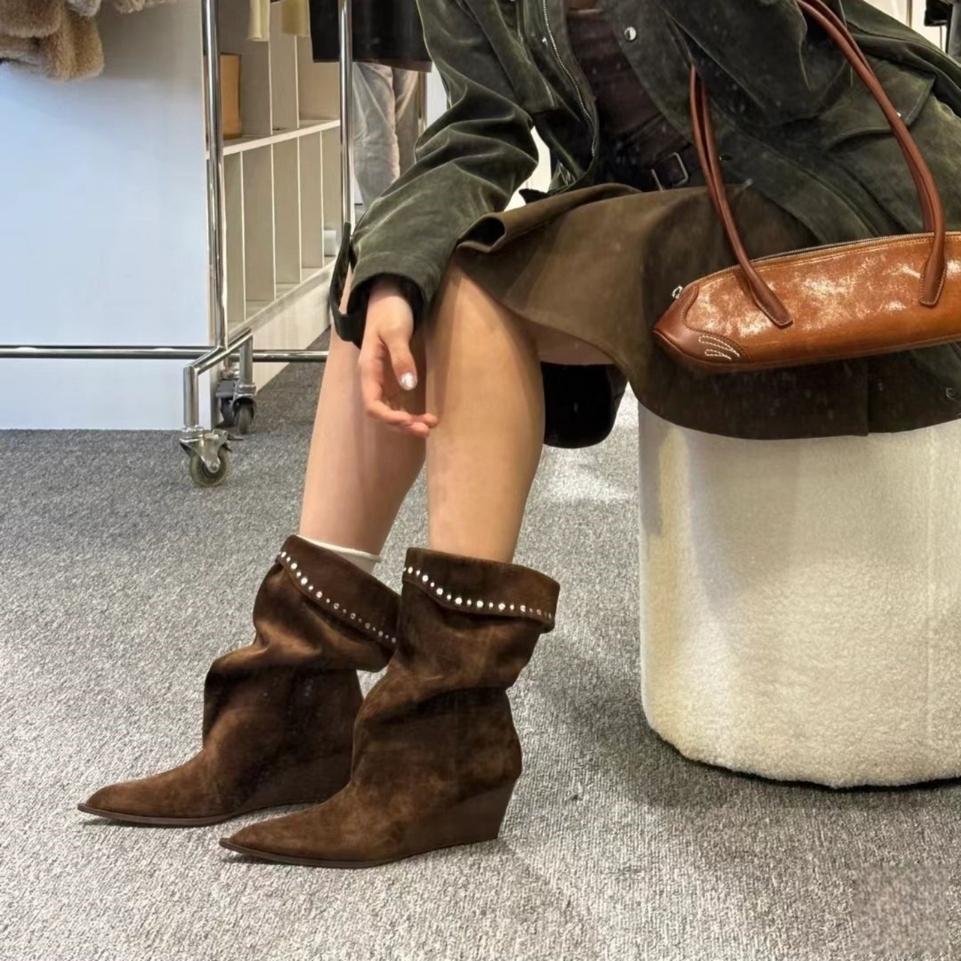 羊皮~褶皱显瘦西部牛仔靴女秋新款复古麂皮堆堆靴尖头坡跟骑士靴,女鞋,时装靴,淘宝优惠券,粉丝福利购,淘宝优惠卷