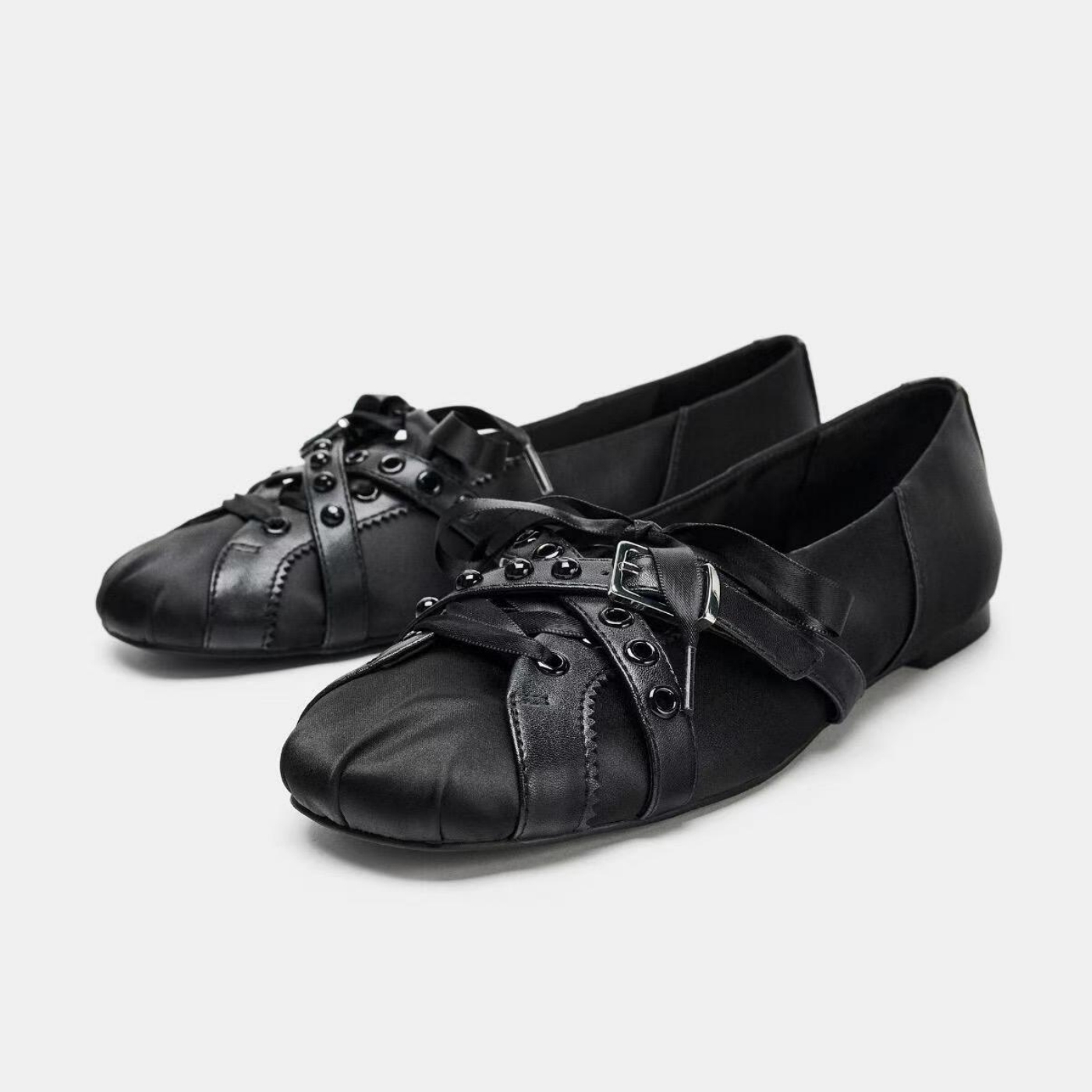 真丝绸缎黑色小众设计铆钉芭蕾鞋