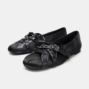 黑色小众设计铆钉芭蕾鞋女配裙子圆头平底单鞋交叉绑带玛丽珍女鞋