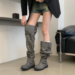 欧美复古风大筒围皮带扣过膝长靴女圆头百搭褶皱堆堆靴高筒骑士靴