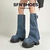 欧美风小众设计牛仔布高筒靴女厚底增高裤 管靴大头不过膝辣妹长靴