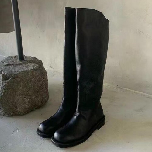 韩国东大门真皮高筒靴女宽筒长靴