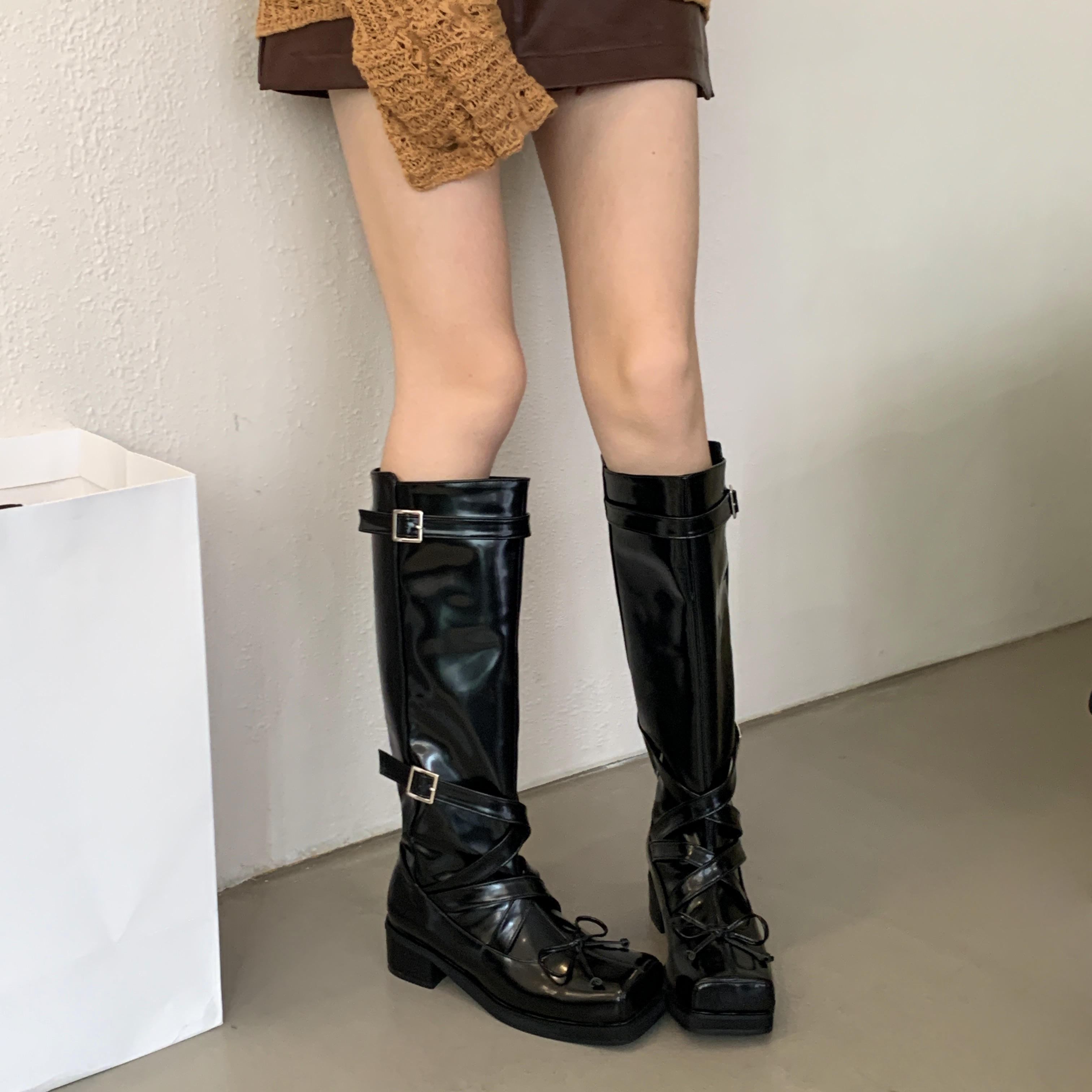 复古方头粗跟长筒靴女芭蕾风长靴