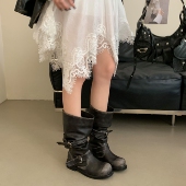 褶皱靴子工装 皮带扣堆堆靴粗跟复古做旧中筒靴韩版 靴女 英同款 张元