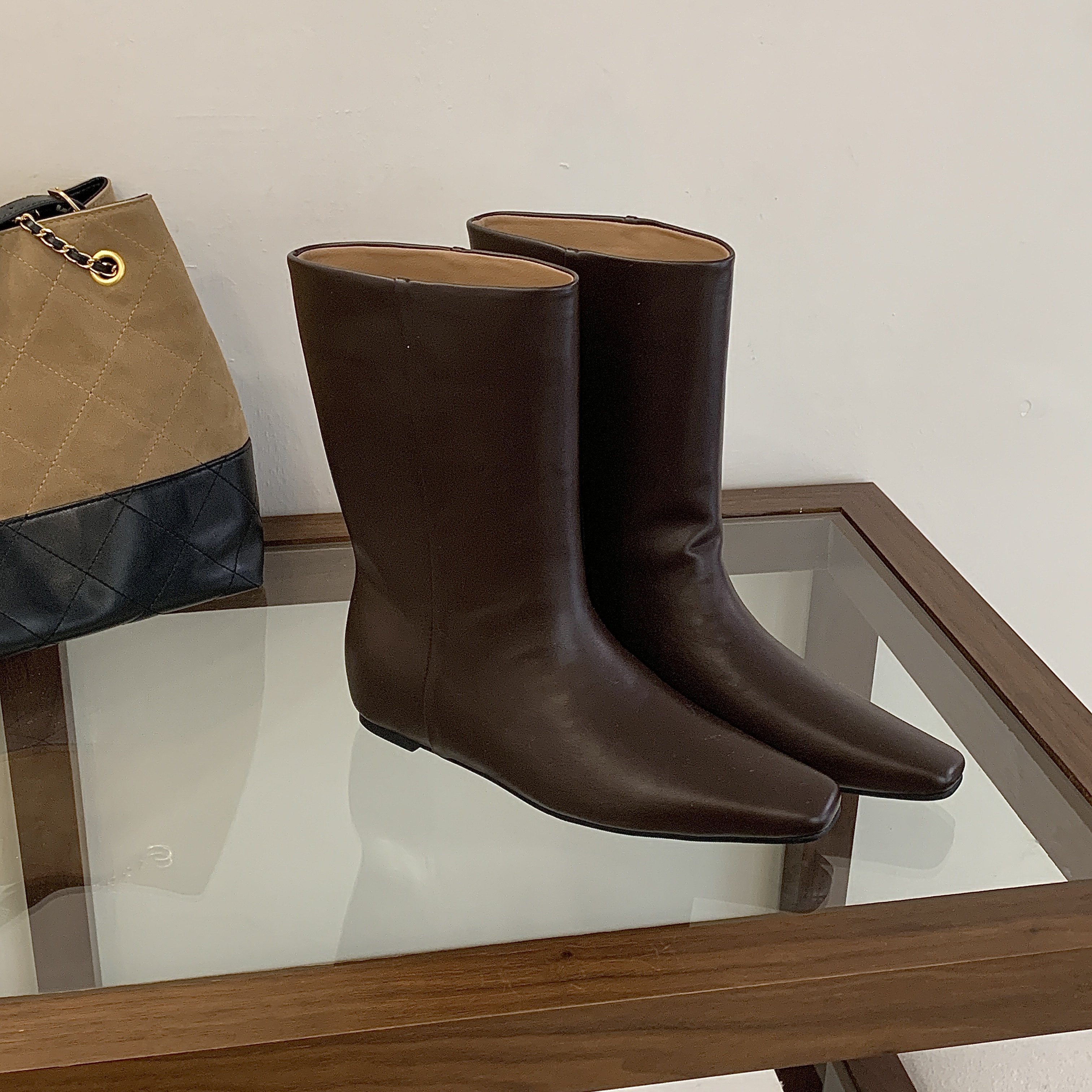 羊皮版~方头短靴女真皮百搭坡跟短筒靴内增高马丁靴子显瘦中筒靴