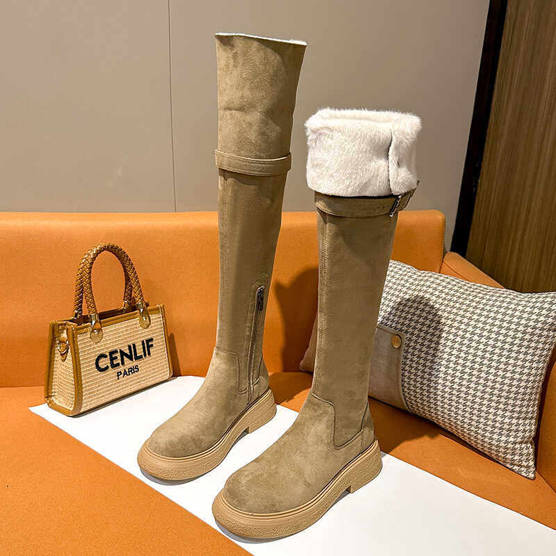 美拉德两穿过膝弹力长靴女2024秋冬加绒毛皮高筒骑士靴厚底长筒靴,女鞋,时装靴,淘宝优惠券,粉丝福利购,淘宝优惠卷