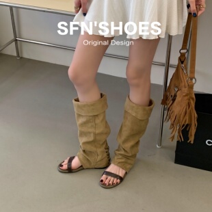 夏天靴子女款2026新款韩版堆堆靴高筒靴镂空露趾凉靴低跟圆头长靴