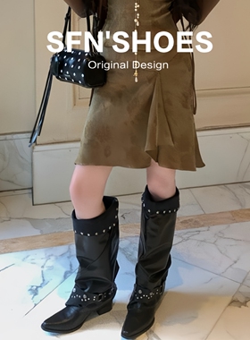 牛皮版~复古小众设计感裤管长靴女尖头粗跟辣妹黑色褶皱堆堆靴子