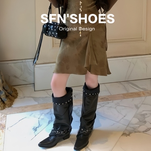 牛皮版~复古小众设计感裤管长靴女尖头粗跟辣妹黑色褶皱堆堆靴子