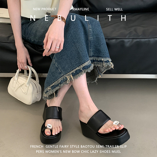 羊皮版 韩版 厚底水钻套趾凉拖鞋 女夏外穿松糕底增高沙滩夹脚拖鞋