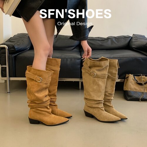 SFN女鞋~韩版小众尖头堆堆高筒靴