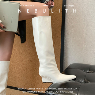 2025秋冬新款真皮坡跟尖头长筒靴女欧美高跟靴裤管高筒不过膝长靴