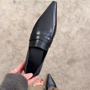 羊皮版~法式尖头气质小猫跟浅口单鞋职业通勤鞋百搭粗跟乐福鞋女