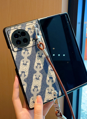 适用于小米mixfold3手机壳新款皮纹高挡奢华帆布皮革mixfold3折叠屏保护套高级感潮牌蓝色斜挎挂绳女款