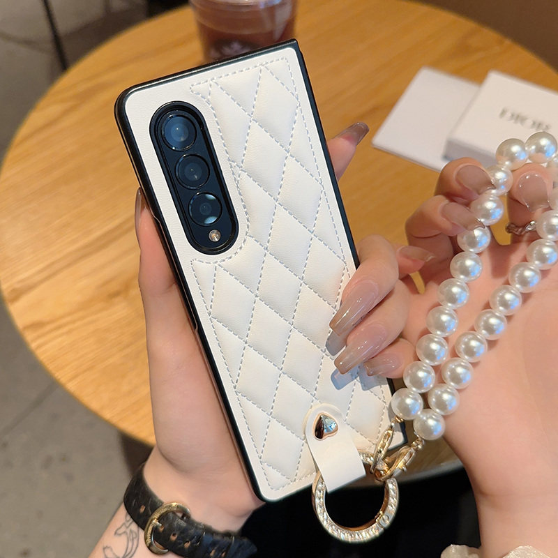 适用三星Galaxy Z Fold3手机壳高挡奢华时尚新款珍珠手链女款zfold4折叠屏保护套简约防摔高级感菱格小香风