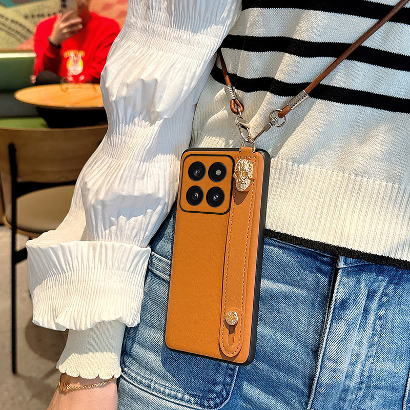 适用于小米14Pro手机壳创意时尚高级棕色皮质外壳小米14便捷斜挎背带挂绳女款Xiaomi14Pro简约纯色防摔保护套