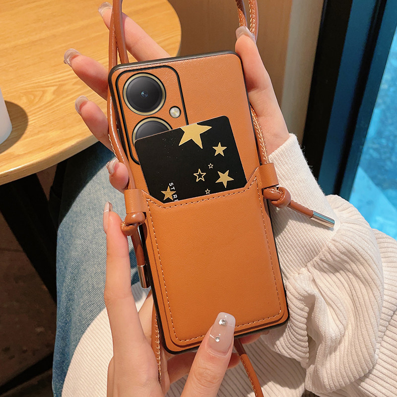 适用于vivoY35+手机壳网红奢华创意时尚高级感棕色Y35m+保护套简约防摔全包软边斜挎卡包挂绳女款