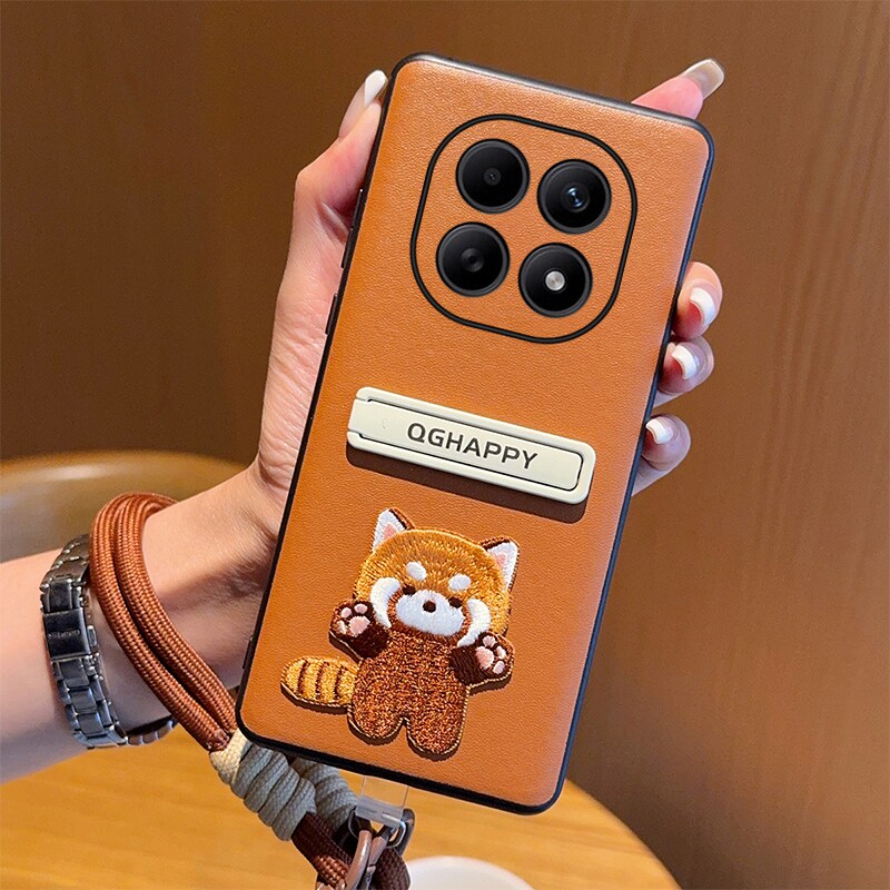 适用红米Note15手机壳时尚便捷棕色手绳红米note15pro保护套全包防摔创意刺绣猫白色支架Note15PRO+高级棕色