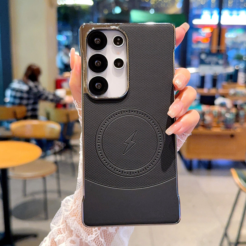 适用三星S24手机壳网红奢华创意皮纹S24Ultra保护套简约超薄磁吸闪电s24+新款个性时尚电镀无边框