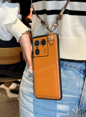 适用于摩托罗拉X50Ultra手机壳高级棕色创意一体卡包motox50ultra轻薄防摔皮质保护套X50Ultra便捷斜挎皮绳女