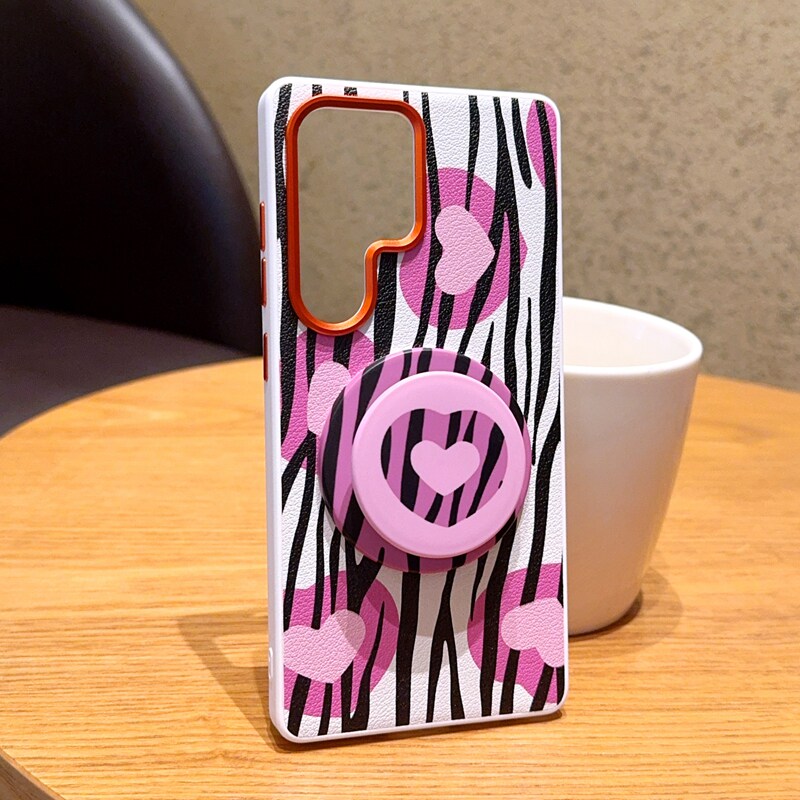 适用三星s24手机壳网红s24+创意皮纹金甲纯色s24Ultra保护套高挡S25潮牌奢华S25Ultra磁吸S25+双爱心粉支架