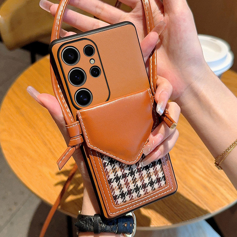 适用于三星S24手机壳时尚高级棕色皮纹壳三星S24Ultra创意千鸟格一体卡包三星S24+全包防摔保护套斜挎挂绳