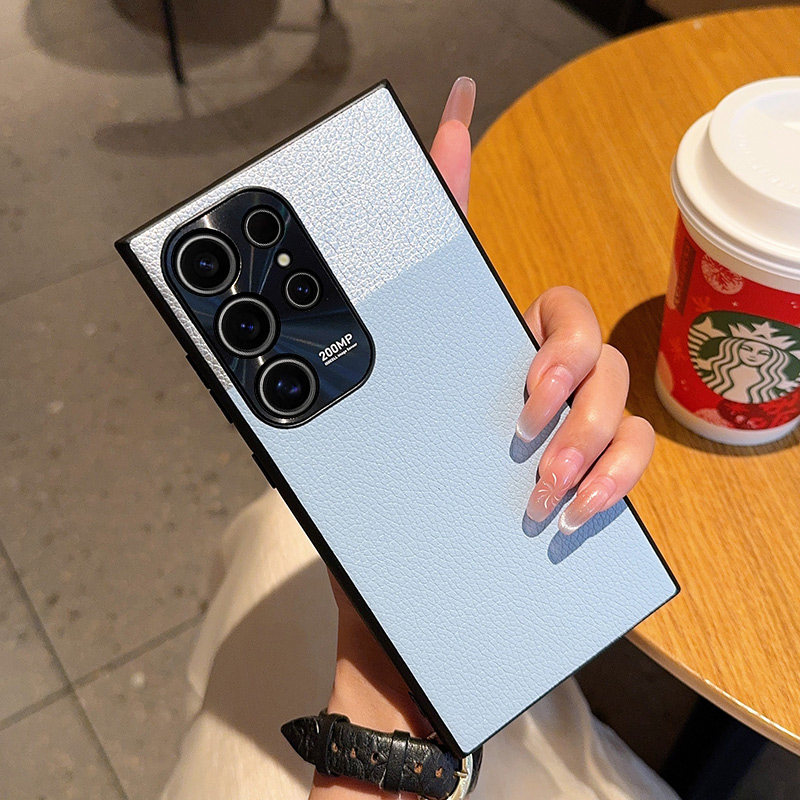 适用于三星S24手机壳简约时尚荔枝纹轻薄皮质硬壳S24+全包防摔皮纹保护套三星S24Ultra个性拼色商务男女潮款