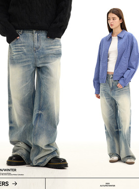 UNF 牛王A字型水洗蓝直筒宽松cleanfit原牛手工猫须牛仔裤男秋冬