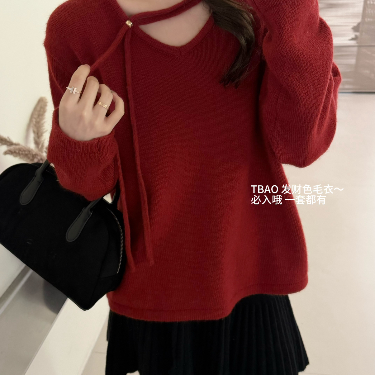 TB媞宝-韩系v领飘带小心机气质保暖毛衣（含21.9绵羊毛）90732