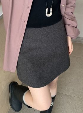 DH Studio-秋冬季高腰显瘦百搭深灰色呢子短裙半身裙M-JH-2010