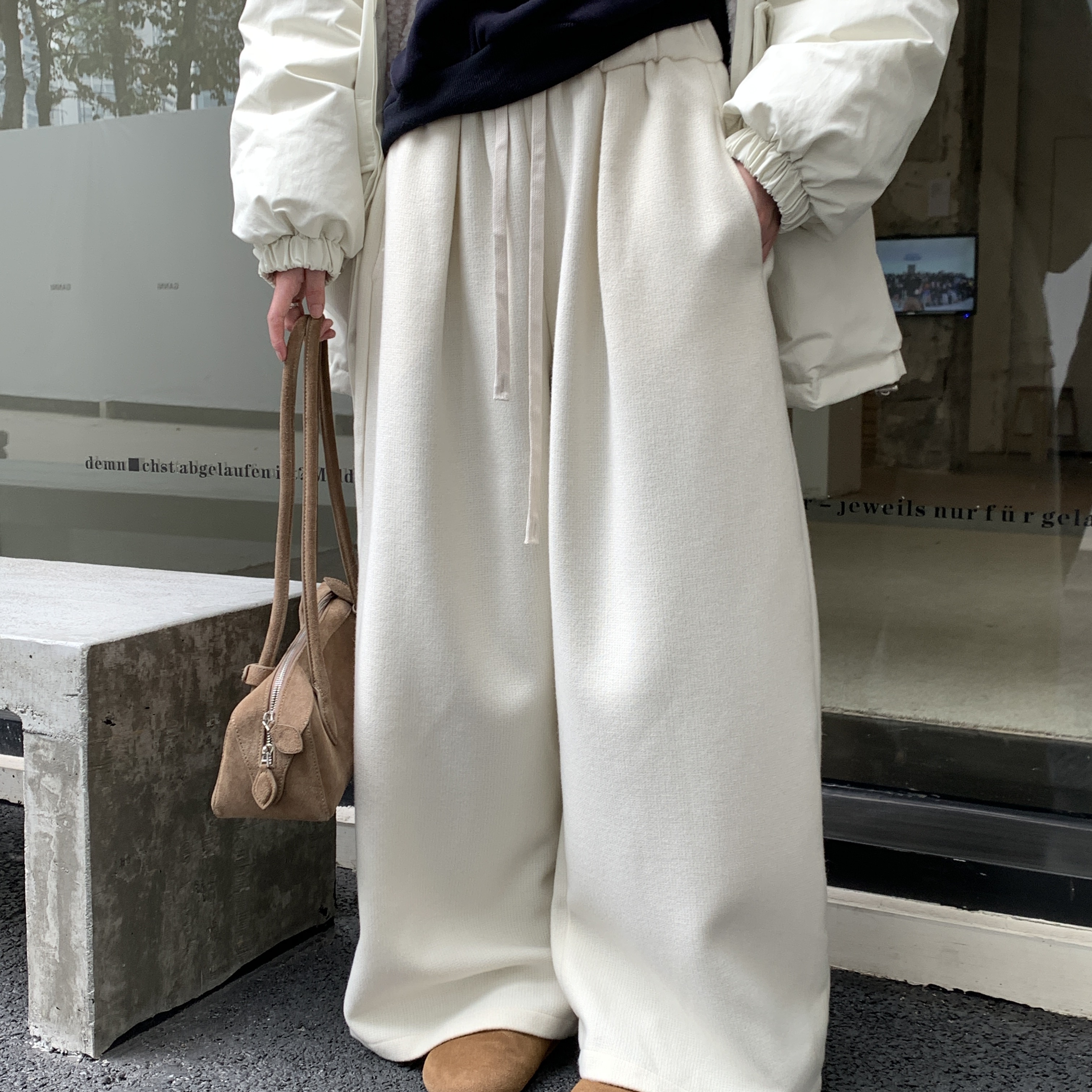 WEARELAB-新WEAREAB韩系纯色松紧腰系带压褶休闲裤（含5羊毛）A27