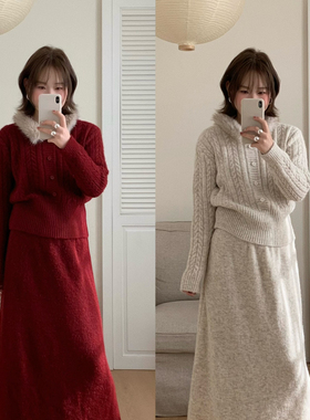 Flower & April-松紧腰A字半身裙套装(配毛领仿毛可拆卸)90029