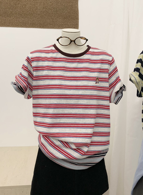 ONE SEVEN夏上新圆领条纹小熊时尚显瘦短袖T恤(不含披肩)