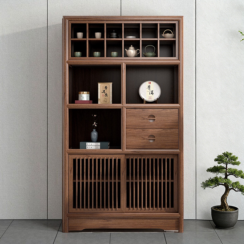老榆木实木博古架茶室茶叶茶具架多宝阁胡桃新中式餐边柜储物柜
