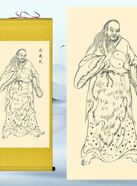 白描人物像天皇伏羲卷轴画五方天帝青帝画像太昊玄关客厅装饰挂画