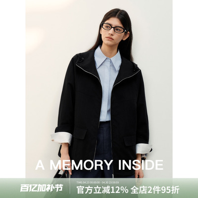 A Memory Inside 莱赛尔黑色连帽外套2026新款极简风格女早春宽松