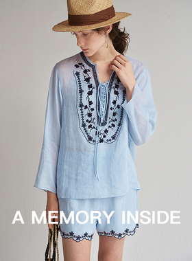 A Memory Inside吴昕同款60支100苎麻纱线激光绣花小衫女/a字短裤
