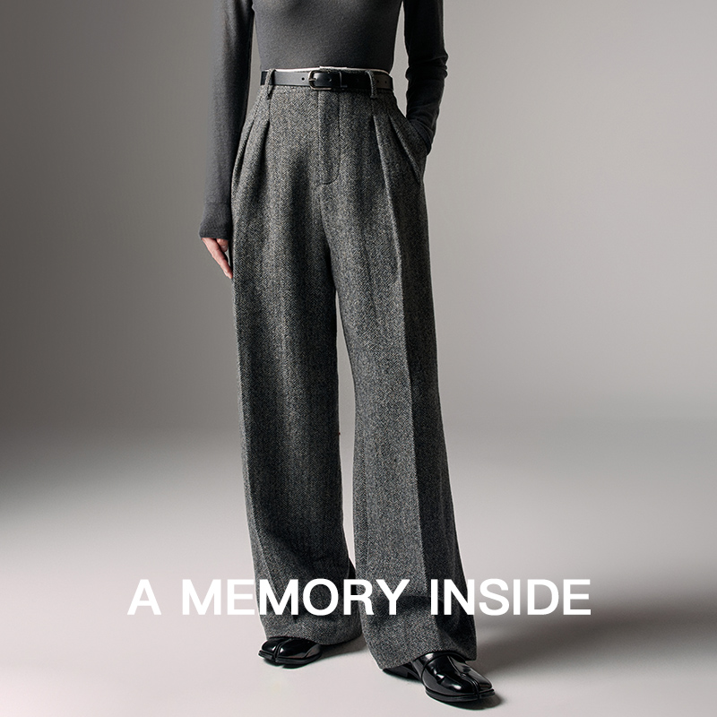 人字斜纹100%羊毛高腰西装裤女