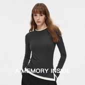 显瘦 T恤女2024春秋新款 Memory Inside褶皱设计感假两件开叉长袖